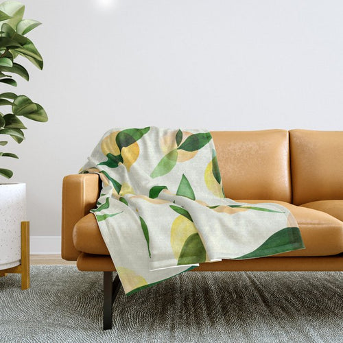 Sunny Lemon Print ~ Yellow And Green Throw Blanket Gallery Image 1