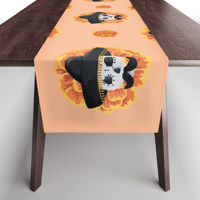 Charro mexican kawaii cute sugar skull mexican style cempasúchil mustache mexican sombrero skeleton  Table Runner Gallery Image 1
