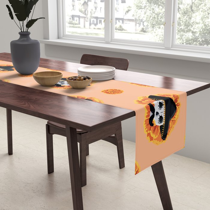 Charro mexican kawaii cute sugar skull mexican style cempasúchil mustache mexican sombrero skeleton  Table Runner Gallery Image 2