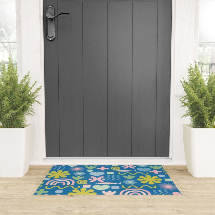 Cute Miscellany Cheerful Whimsical Pattern Blue Pink Chartreuse Welcome Mat Gallery Image 3
