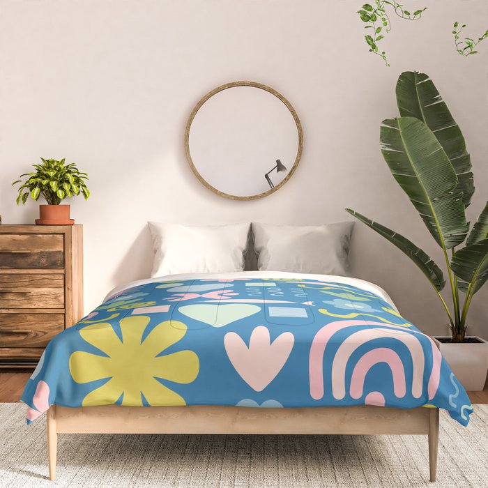 Cute Miscellany Cheerful Whimsical Pattern Blue Pink Chartreuse Comforter Gallery Image 3