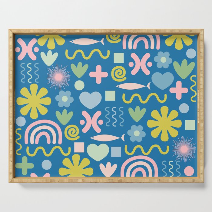 Cute Miscellany Cheerful Whimsical Pattern Blue Pink Chartreuse Serving Tray Gallery Image 1