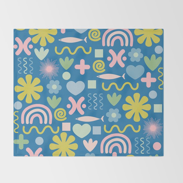 Cute Miscellany Cheerful Whimsical Pattern Blue Pink Chartreuse Throw Blanket Gallery Image 2
