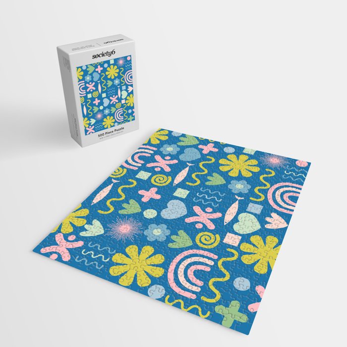 Cute Miscellany Cheerful Whimsical Pattern Blue Pink Chartreuse Jigsaw Puzzle Gallery Image 2