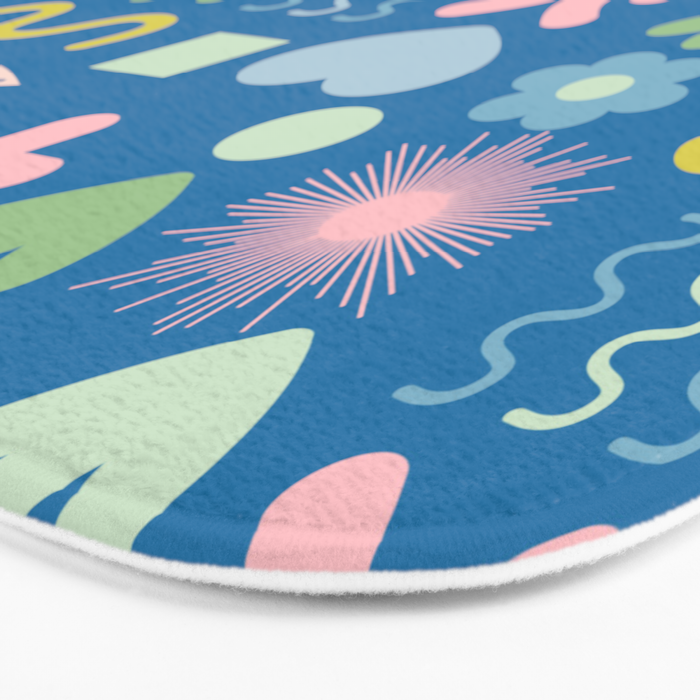Cute Miscellany Cheerful Whimsical Pattern Blue Pink Chartreuse Bath Mat Gallery Image 3