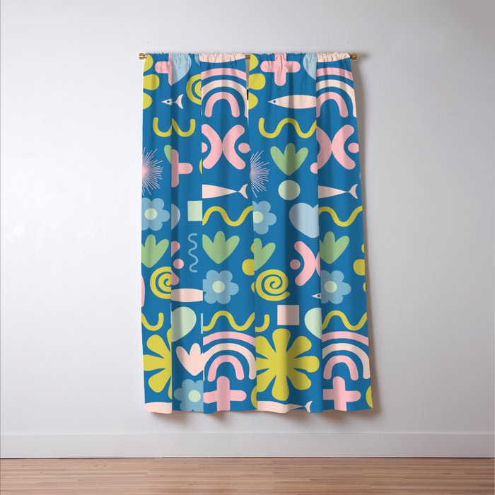 Cute Miscellany Cheerful Whimsical Pattern Blue Pink Chartreuse Window Curtain Gallery Image 3
