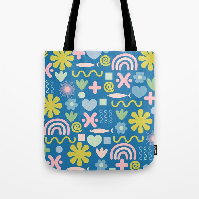 Cute Miscellany Cheerful Whimsical Pattern Blue Pink Chartreuse Tote Bag Gallery Image 1