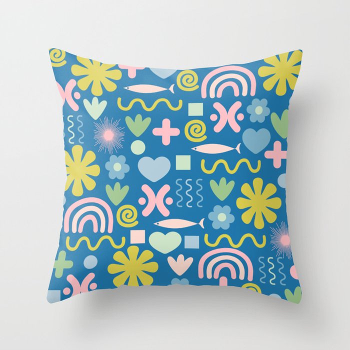 Cute Miscellany Cheerful Whimsical Pattern Blue Pink Chartreuse Throw Pillow Gallery Image 1
