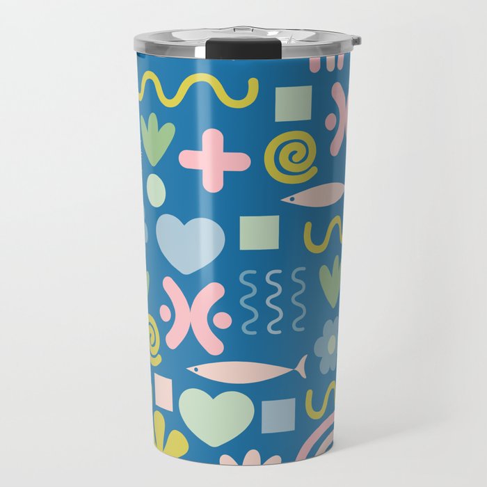 Cute Miscellany Cheerful Whimsical Pattern Blue Pink Chartreuse Travel Mug Gallery Image 1