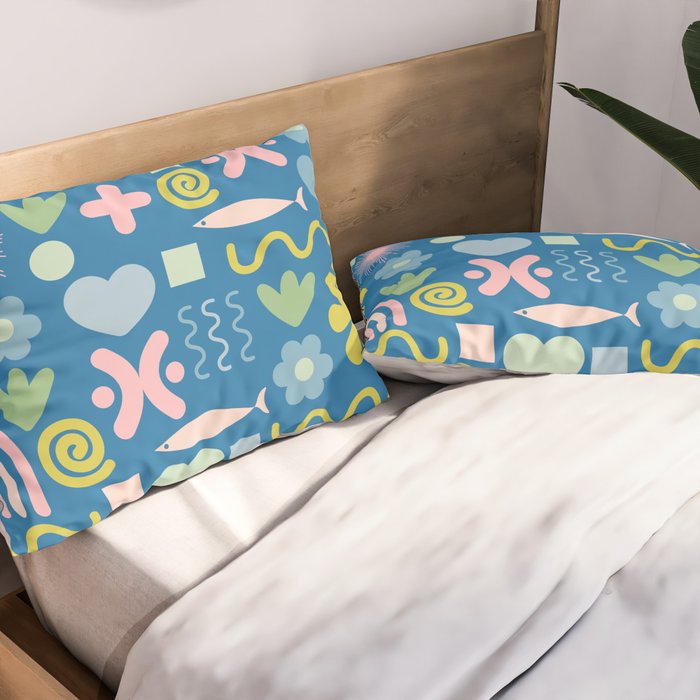 Cute Miscellany Cheerful Whimsical Pattern Blue Pink Chartreuse Pillow Sham Gallery Image 2