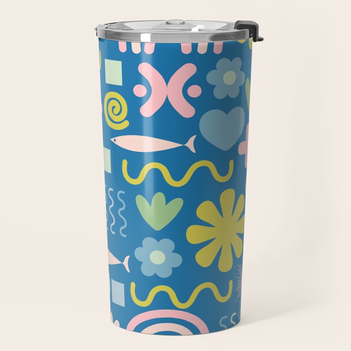 Cute Miscellany Cheerful Whimsical Pattern Blue Pink Chartreuse Travel Mug Gallery Image 2