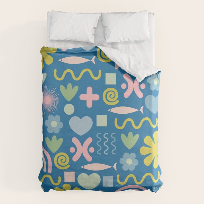 Cute Miscellany Cheerful Whimsical Pattern Blue Pink Chartreuse Duvet Cover Gallery Image 1