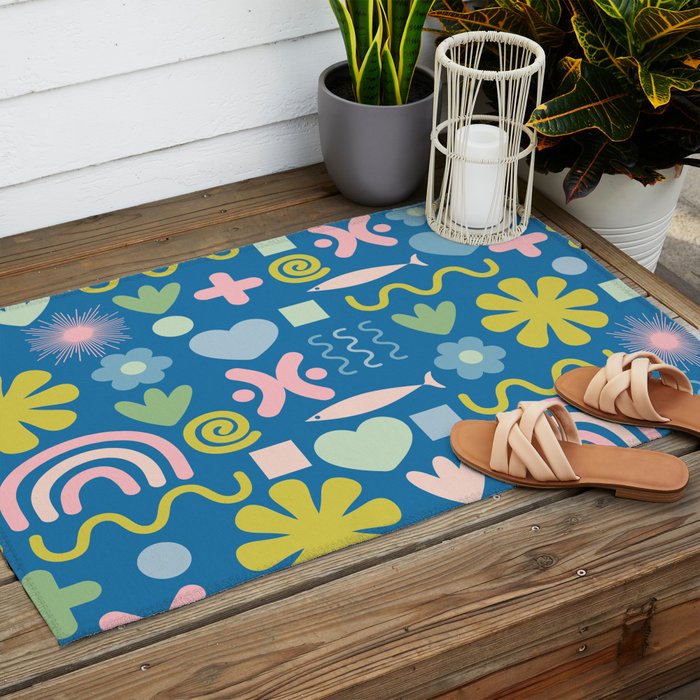 Cute Miscellany Cheerful Whimsical Pattern Blue Pink Chartreuse Outdoor Rug Gallery Image 2