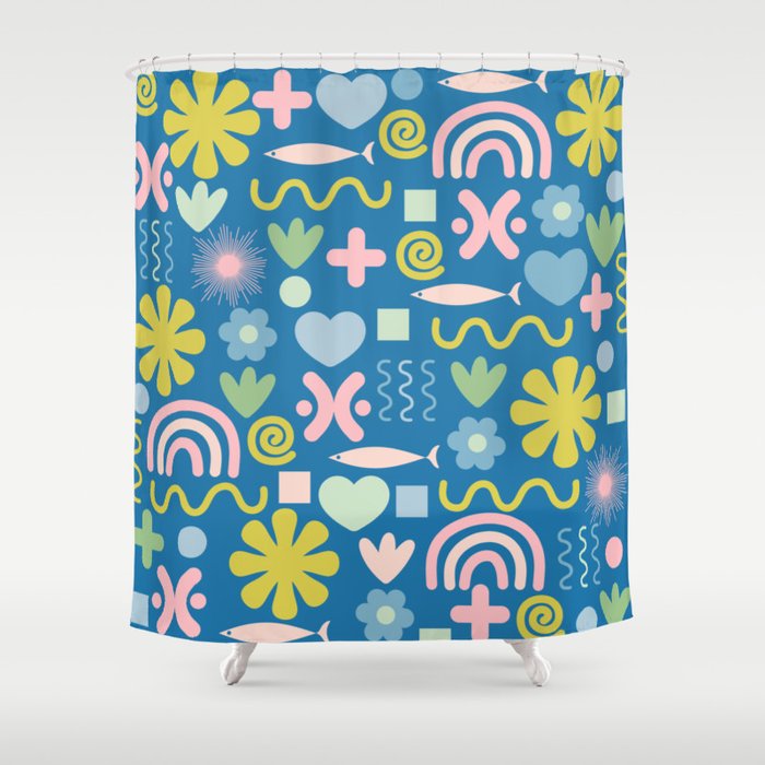 Cute Miscellany Cheerful Whimsical Pattern Blue Pink Chartreuse Shower Curtain Gallery Image 1