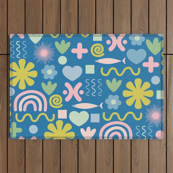 Cute Miscellany Cheerful Whimsical Pattern Blue Pink Chartreuse Outdoor Rug Gallery Image 1
