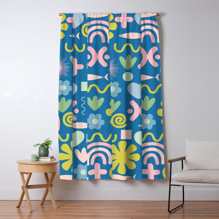 Cute Miscellany Cheerful Whimsical Pattern Blue Pink Chartreuse Window Curtain Gallery Image 1