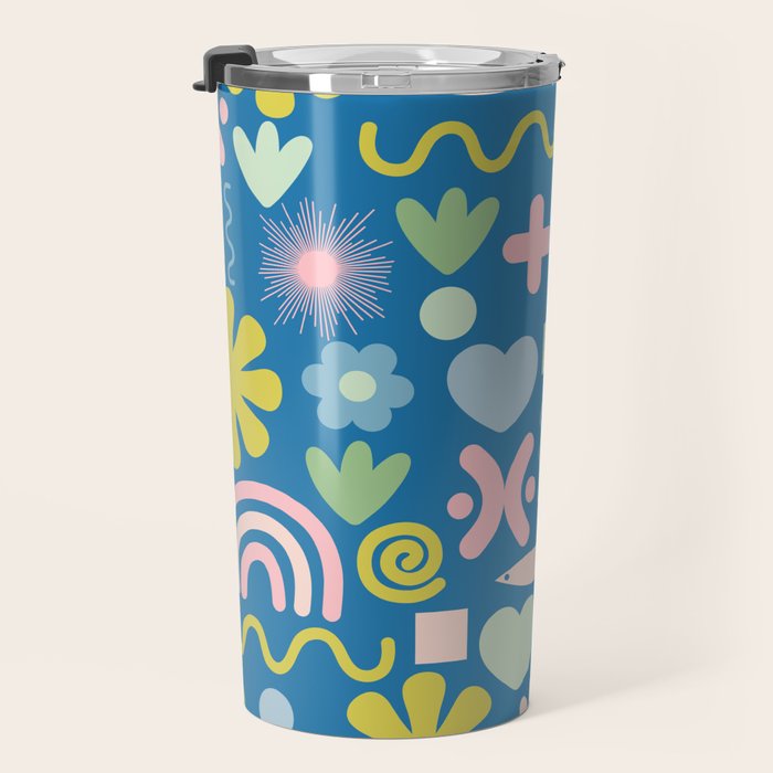 Cute Miscellany Cheerful Whimsical Pattern Blue Pink Chartreuse Travel Mug Gallery Image 3