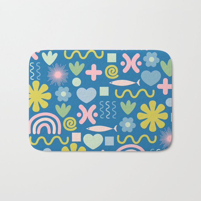 Cute Miscellany Cheerful Whimsical Pattern Blue Pink Chartreuse Bath Mat Gallery Image 1