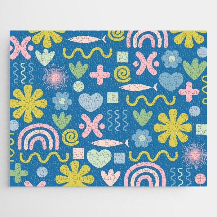 Cute Miscellany Cheerful Whimsical Pattern Blue Pink Chartreuse Jigsaw Puzzle Gallery Image 1
