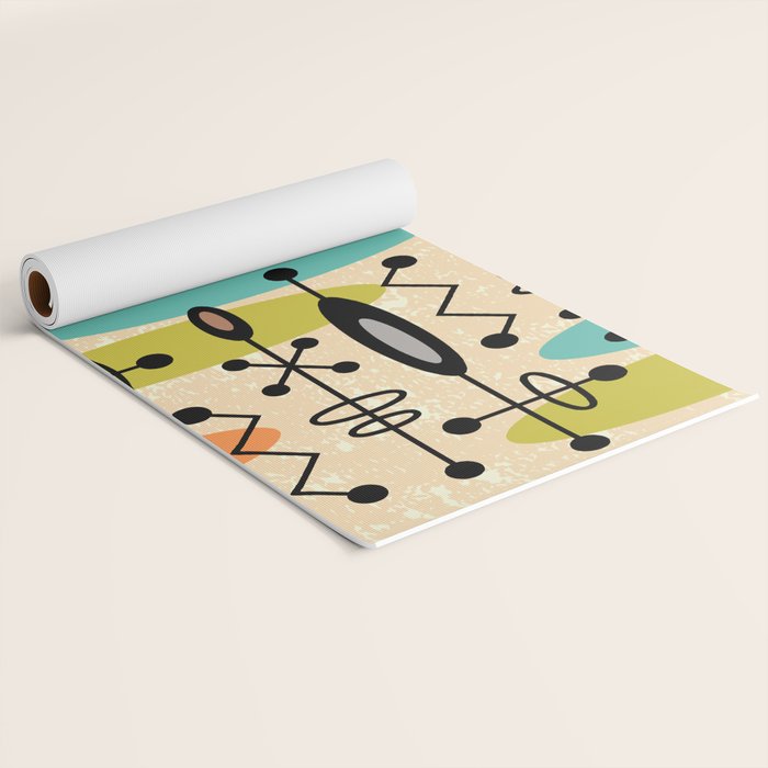 Retro 1950s Style Mid Century Modern Atomic Design 271 Googie Orange Blue and Green Yoga Mat Gallery Image 2