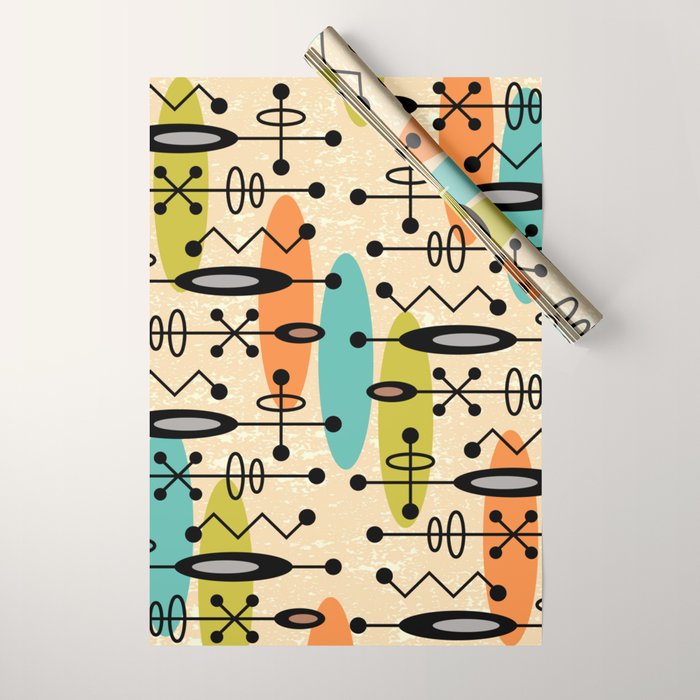 Retro 1950s Style Mid Century Modern Atomic Design 271 Googie Orange Blue and Green Wrapping Paper Gallery Image 1