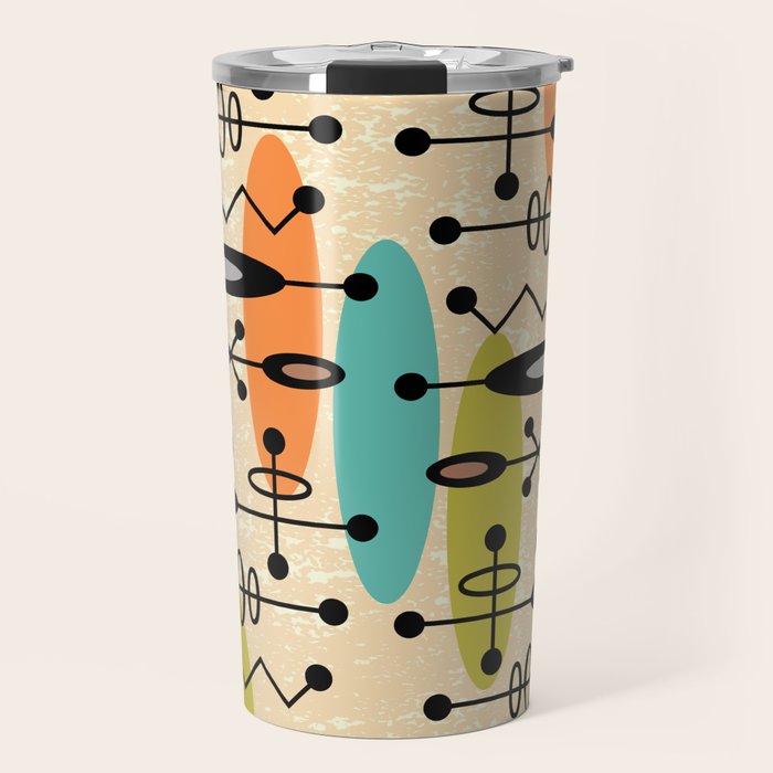 Retro 1950s Style Mid Century Modern Atomic Design 271 Googie Orange Blue and Green Travel Mug Gallery Image 1
