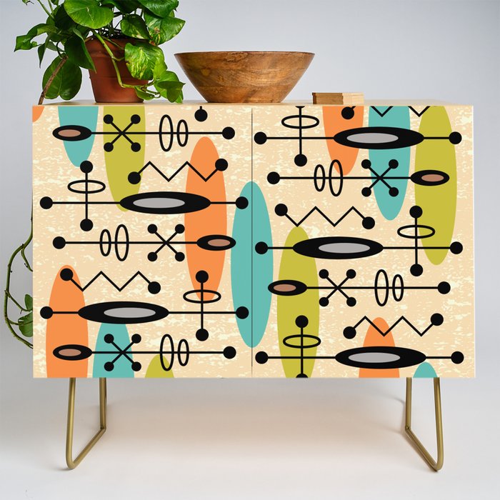 Retro 1950s Style Mid Century Modern Atomic Design 271 Googie Orange Blue and Green Credenza Gallery Image 1