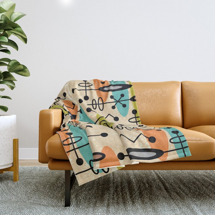 Retro 1950s Style Mid Century Modern Atomic Design 271 Googie Orange Blue and Green Throw Blanket Gallery Image 1