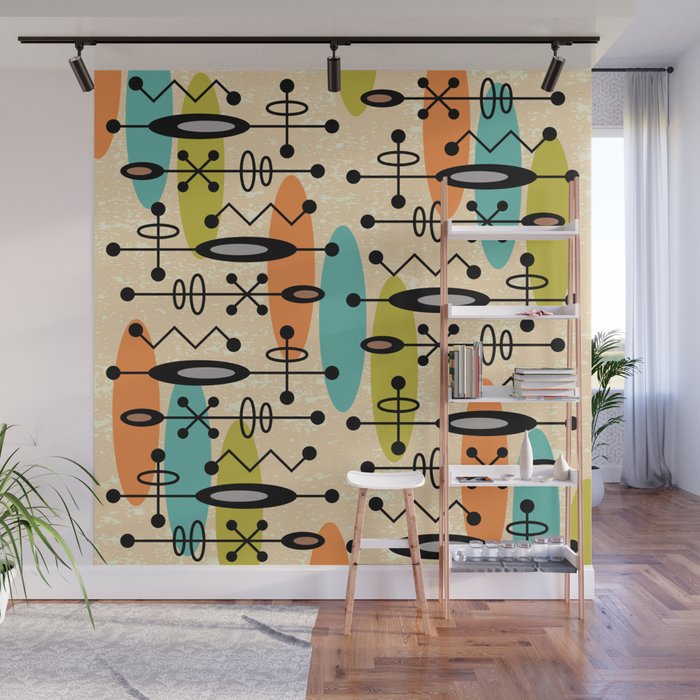 Retro 1950s Style Mid Century Modern Atomic Design 271 Googie Orange Blue and Green Wall Mural Gallery Image 1
