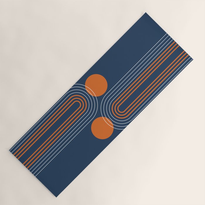 Mid Century Modern Geometric 111 in Navy Blue and Vintage Orange (Rainbow and Sun Abstraction) Yoga Mat Gallery Image 1