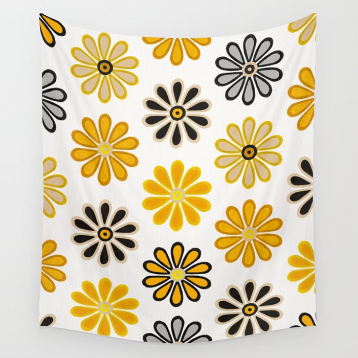 Retro Florals â Yellow & Black Wall Tapestry Gallery Image 4