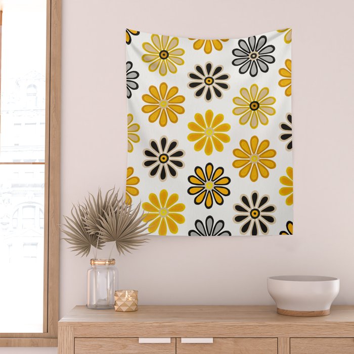 Retro Florals â Yellow & Black Wall Tapestry Gallery Image 2