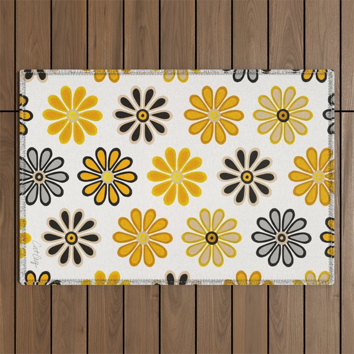 Retro Florals â Yellow & Black Outdoor Rug Gallery Image 1