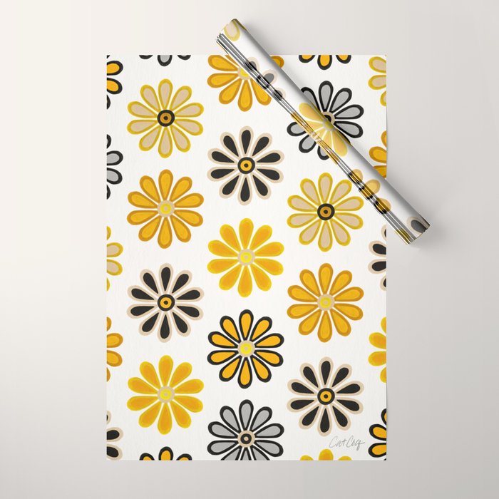 Retro Florals â Yellow & Black Wrapping Paper Gallery Image 1