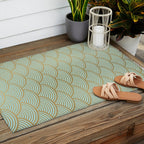 Festive, Art Deco, Wave, Pattern, Green and Gold Outdoor Rug Gallery Image 2