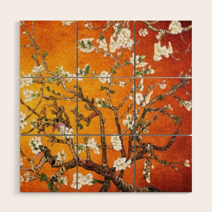 Vincent van Gogh Blossoming Almond Tree (Almond Blossoms) Orange Sky Wood Wall Art Gallery Image 1