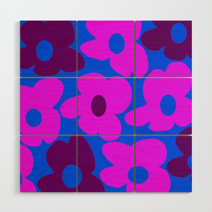 Large Pink and Purple Retro Flowers Blue Background #decor #society6 #buyart Wood Wall Art Gallery Image 1