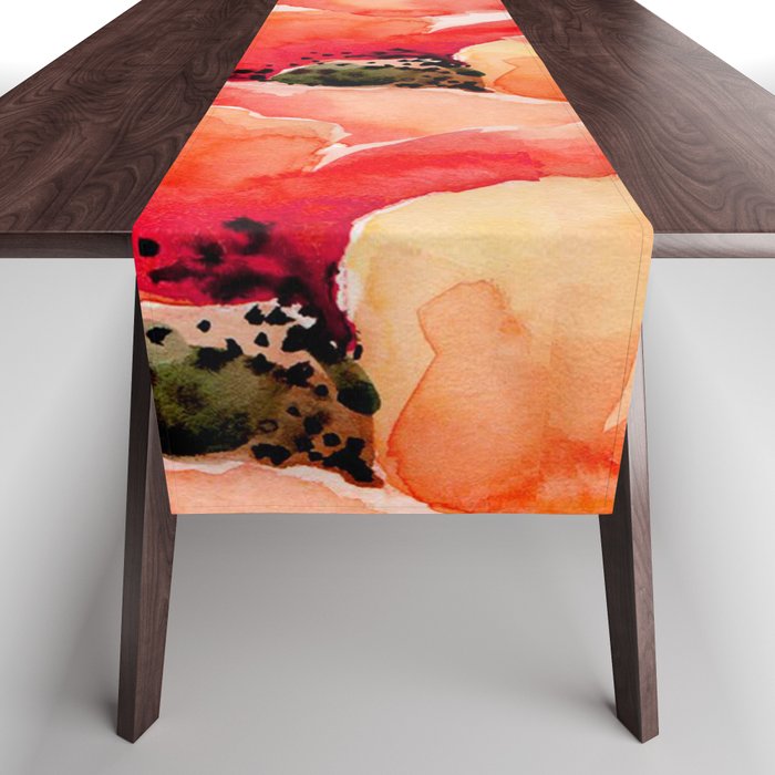 Abstract watercolor red orange pink poppies flowers Table Runner Gallery Image 1