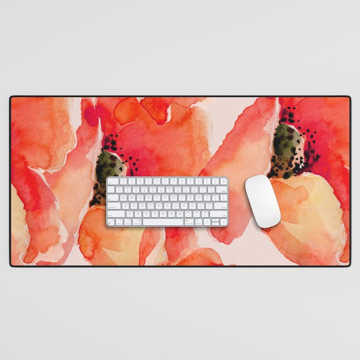 Abstract watercolor red orange pink poppies flowers Desk Mat Gallery Image 1