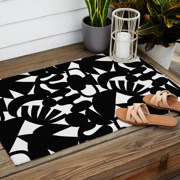 Black and white organic nature shape art pattern Outdoor Rug Gallery Image 2
