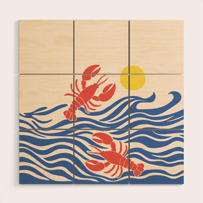 Lobsters Frolicking in the Ocean Waves Wood Wall Art Gallery Image 1
