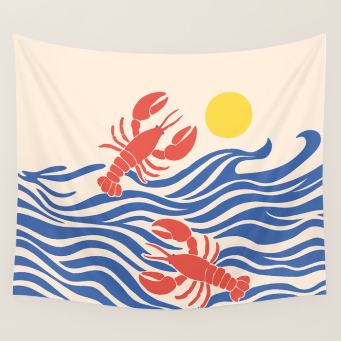 Lobsters Frolicking in the Ocean Waves Wall Tapestry Gallery Image 1