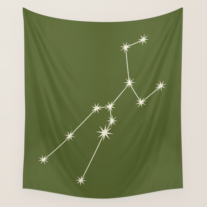 Taurus Zodiac Star Constellation Line Art Olive Green Wall Tapestry Gallery Image 4