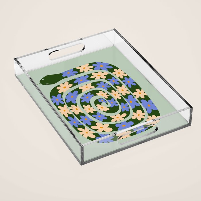 Flower Snake - Green, Blue and Off White Acrylic Tray Gallery Image 1