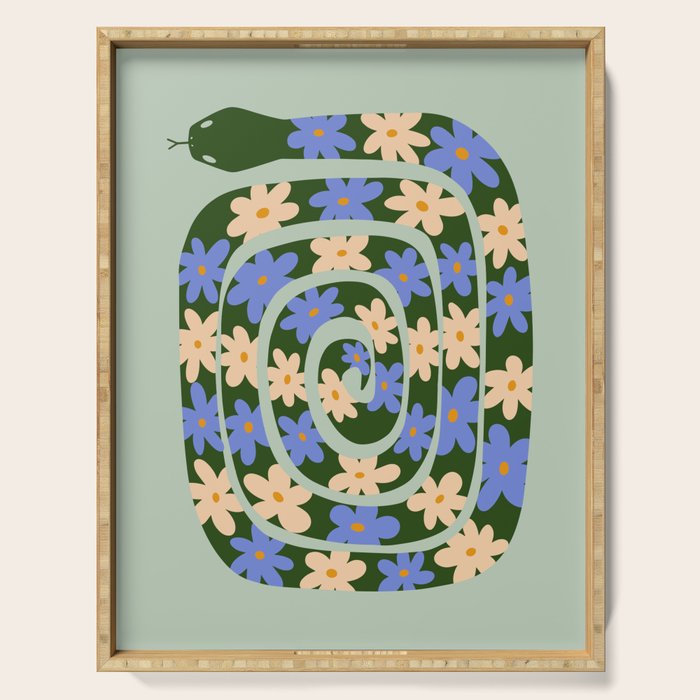 Flower Snake - Green, Blue and Off White Serving Tray Gallery Image 1