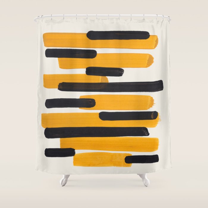 Mid Century Modern Abstract Painting Antique Yellow Black Bumble Bee Stripes Shower Curtain Gallery Image 1