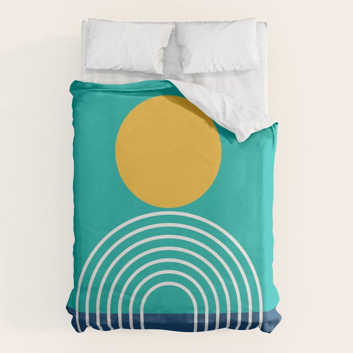 Geometric Lines in Blue Teal Yellow (Sun and Rainbow abstraction) Duvet Cover Gallery Image 1