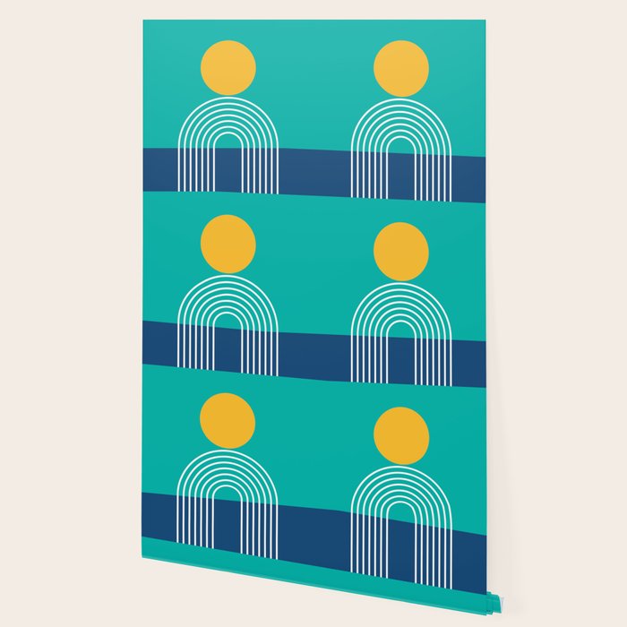Geometric Lines in Blue Teal Yellow (Sun and Rainbow abstraction) Wallpaper Gallery Image 2