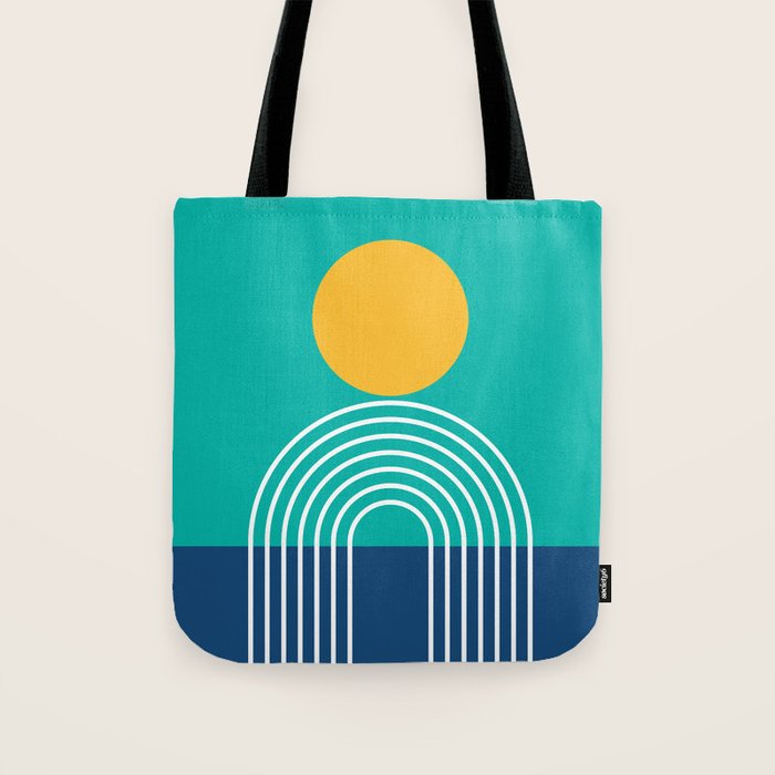 Geometric Lines in Blue Teal Yellow (Sun and Rainbow abstraction) Tote Bag Gallery Image 1