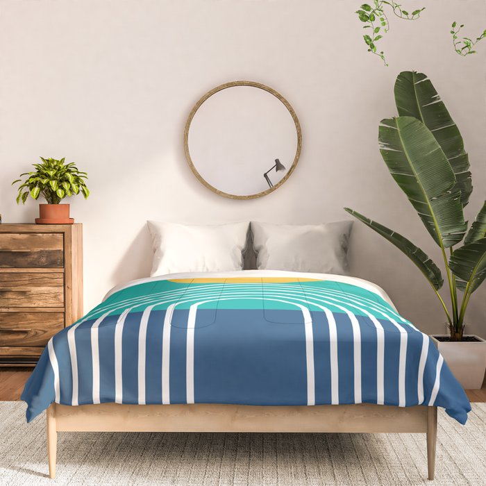 Geometric Lines in Blue Teal Yellow (Sun and Rainbow abstraction) Comforter Gallery Image 3